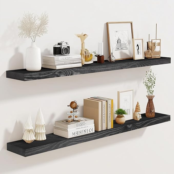 36"x6.8"x1.2" Solid Wood Floating Shelves 2-Pack - Rustic Black Finish with Hidden Brackets, Perfect for Storage and Décor in Living Room, Kitchen, Bedroom-Ruum Studio Home