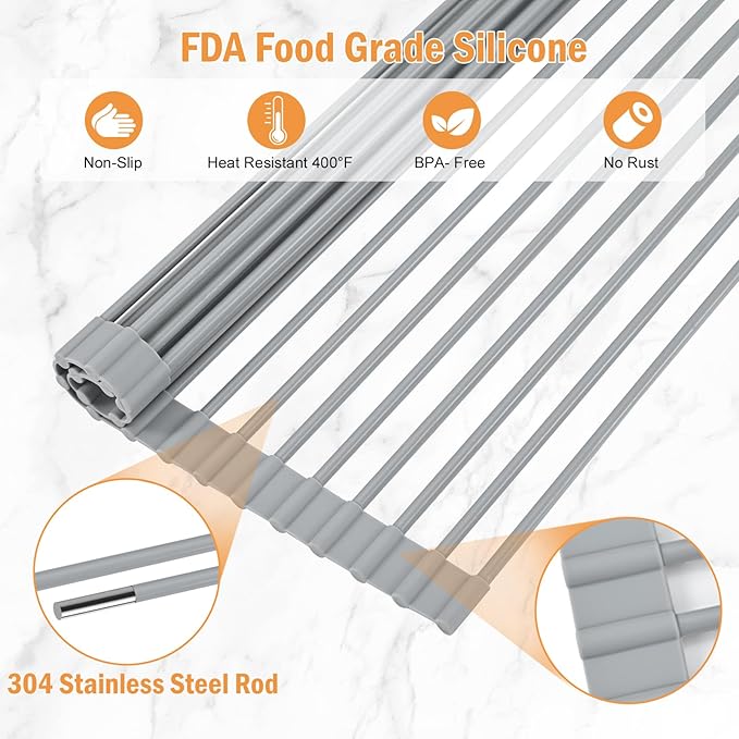 LEMIKKLE Roll Up Dish Drying Rack 17" x 13", Over The Sink Dish Drainer Rack, Foldable Sink Drying Rack, Anti-Slip Silicone Wrapped Dish Drainer for Kitchen Counter (Grey 17" x 13")-Ruum Studio Home