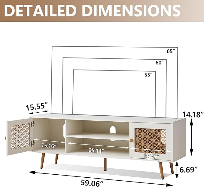 JYED Mid Century Modern TV Stand with Metal Mesh Doors and Open Shelf for 65" TVs,Antique White Media Console Wood Entertainment Center with Cable Holes for Living Room.59.06"x15.55"x20.87"-Ruum Studio Home