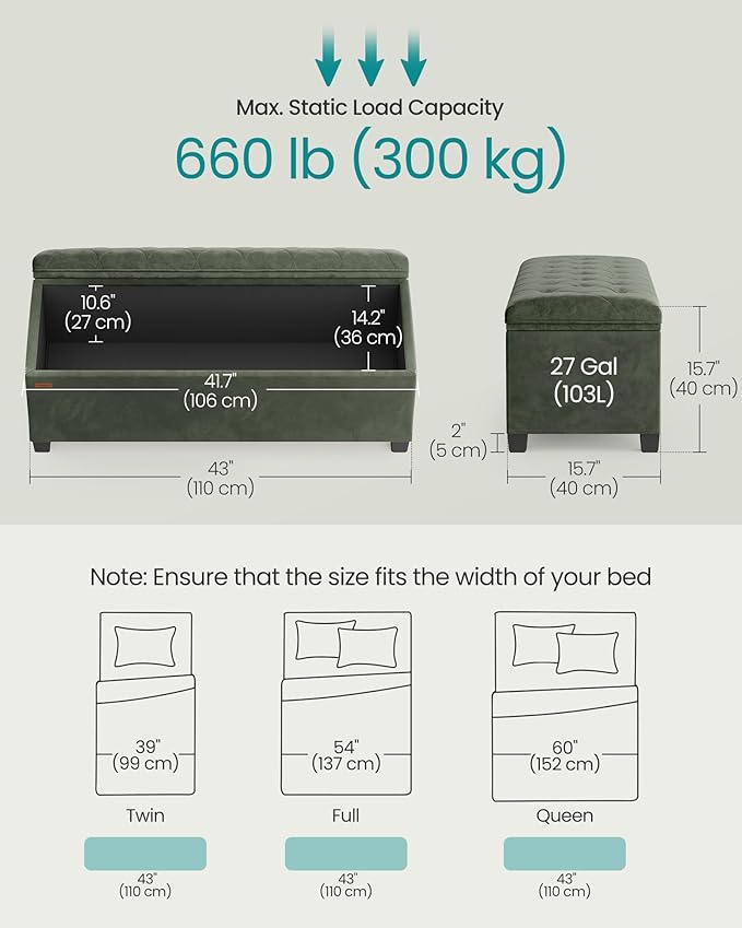 SONGMICS Velvet Storage Ottoman Bench, Foot Rest with Legs, 15.7 x 43 x 15.7 Inches, End of Bed Bench, Storage Chest, Load up to 660 lb, for Living Room, Bedroom, Entryway, Forest Green ULSF089C01-Ruum Studio Home