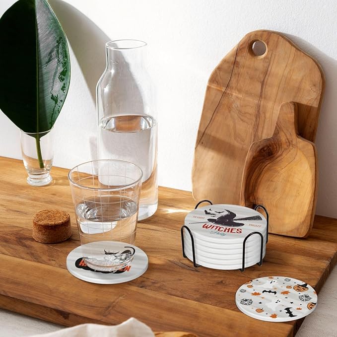 6 PCS Halloween Coasters with Metal Holder and Cork Base Ceramic Drink Coasters Absorbent Cup Mat Non-Slip for Home Kitchen Office Table Decor, 4 Inch Halloween 1-Ruum Studio Home