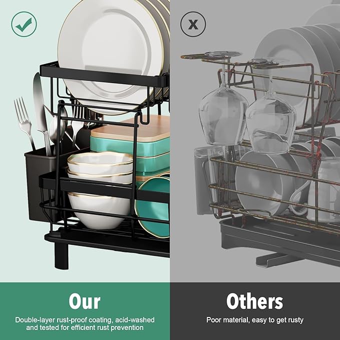 MOUKABAL Dish Drying Rack, 2 Tier Dish Rack, Large Dish Racks for Kitchen Counter, Dish Drainer with Removable Utensil Holder, Drainboard (Black)-Ruum Studio Home