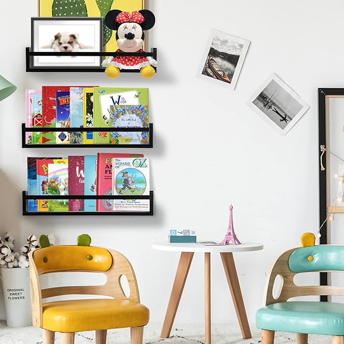 AZSKY Classic Nursery Book Shelves Black Wooden Floating Shelves Wall Bookshelf for Bathroom Decor Kitchen Spice Rack Organizer Kids Room 24 Inch Set of 3-Ruum Studio Home