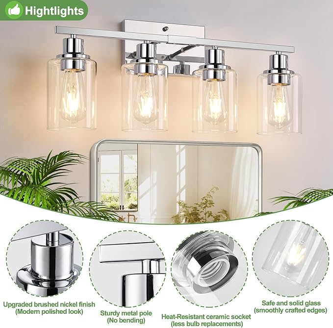 4 Light Bathroom Light Fixtures, Chrome Vanity Lights with Clear Glass Shades, Modern Bathroom Light Fixtures Over Mirror, Modern Bathroom Wall Lamp for Mirror Living Room Cabinet-Ruum Studio Home