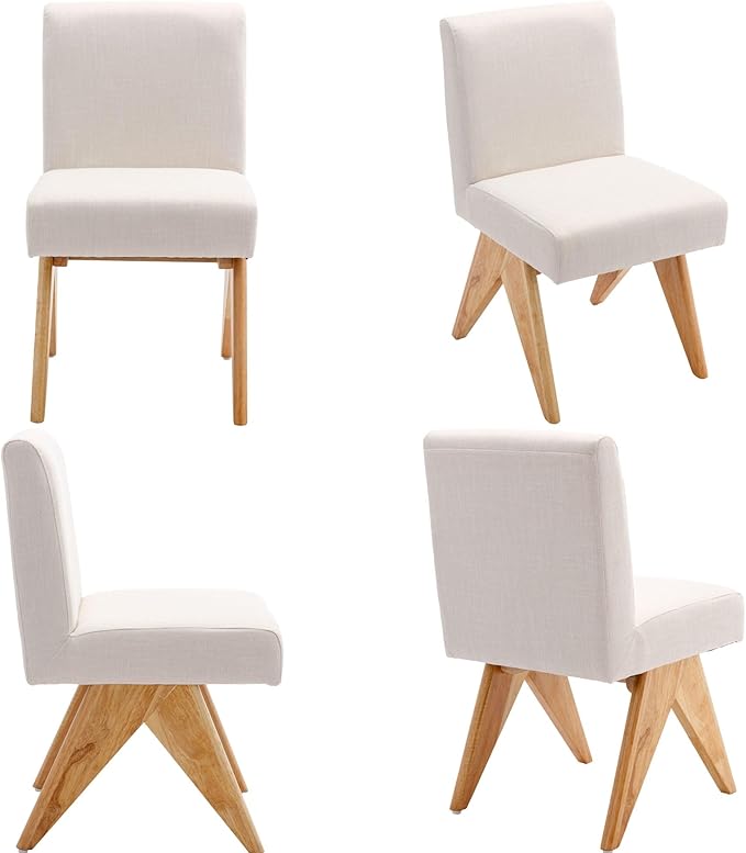Mid Century Modern Farmhouse Dining Chairs Set of 6, Upholstered Armless Kitchen Chairs with Back and Wooden Legs, Linen Beige-Ruum Studio Home