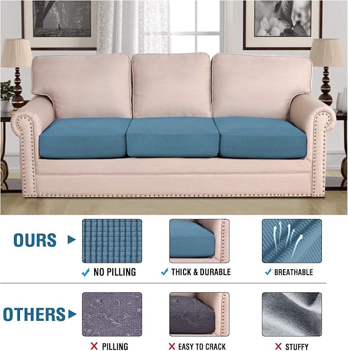 H.VERSAILTEX Super Stretch Individual Seat Cushion Covers Sofa Covers Slipcover Sets Thick Jacquard Textured Twill Fabric (3 Piece, Dusty Blue)-Ruum Studio Home