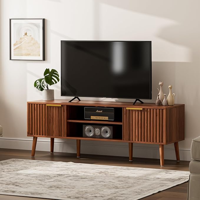 TV Stand for Living Room, Mid Century Modern Entertainment Center for 55/60/65 inch TVs, TV Console with Fluted Door Cabinets and Open Shelves, for Bedroom, Walnut-Ruum Studio Home