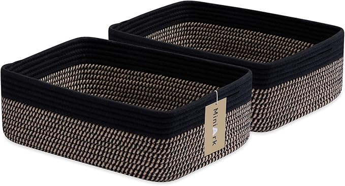 Large Shallow Organizing Baskets 15x11x5.1 Inches - Rope Woven Storage Bins for Bathroom, Shelves, Cube Closet, Black Woven Brown 2 Packs-Ruum Studio Home