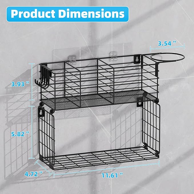 VITVITI Metal Hair Tool Organizer with Toilet Paper Basket, Bathroom Blow Dryer Curling Iron Holder Wall Mount, 2 Tiers Styling Tools Organizer for Straightener with Hooks, Black-Ruum Studio Home