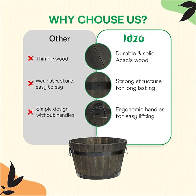 IDZO Set of 3 Wooden Flower Planters for Outdoor Plants, Acacia Wood Barrel Planters, Ergonomic Handles, Drainage Holes, Various Sizes, Black-Ruum Studio Home