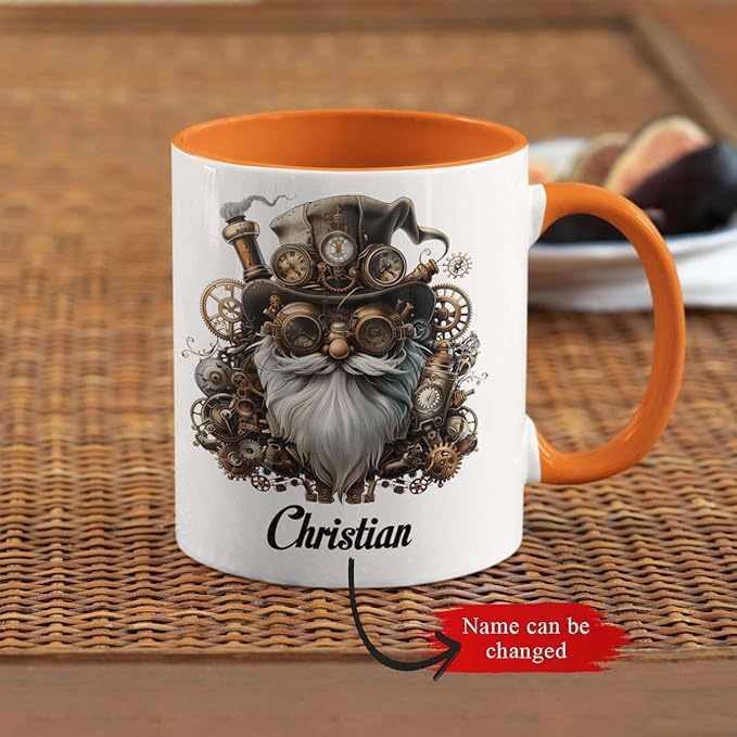Custom Mechanical Art Mug 15oz, Personalized Steampunk Gnome Coffee Mug, Customized Name Ceramic Cup, Fantasy Enthusiasts Mug, Gnome White Mug With Steampunk Themed, Gift For Men-Ruum Studio Home