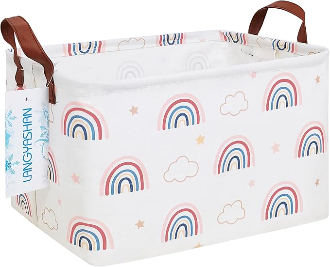 LANGYASHAN Rectangular Storage Bin Collapse Canvas Fabric Cartoon Storage Basket with Handles for Organizing Home Kitchen Boys and Girls Toys Office Closet Shelf Baskets(Rec Cloud Rainbow)-Ruum Studio Home