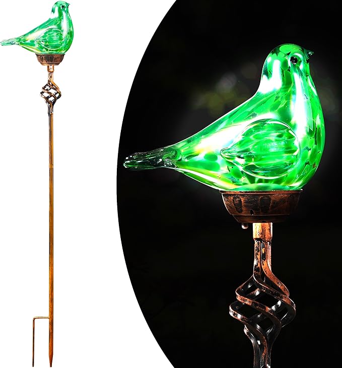 Decorative Solar Lights Outdoor Solar Bird Stake Lights Hand Blown Glass Decorative Garden Pathway Lights Outdoor Waterproof Glass Stakes (Green)-Ruum Studio Home