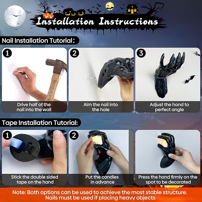 Halloween Decor Indoor, 4 Packs Creepy Reaching Hands with LED Candles, Life-Sized Gothic Wall Decor for Horror Decor, Spooky Halloween Decorations for Home, Party, Goth & Dark Academia Style-Ruum Studio Home