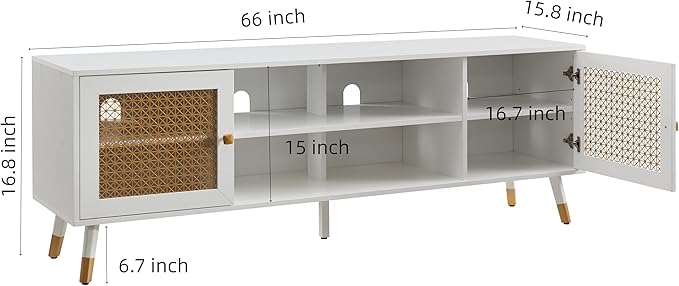 JYED Mid Century Modern TV Stand and Console for TVs Up to 75" - White Entertainment Center, 2 Gold Metal Mesh Doors & MDF Wood Grain, 15.8" D x 66" W x 23.5" H-Ruum Studio Home