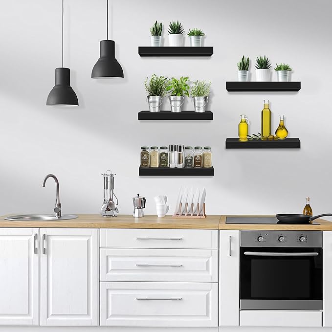Sorbus Floating Shelves for Wall, Bathroom Shelves Wall Mounted for Kitchen, Bedroom, Living Room, Bathroom Storage, Over Toilet, Hanging Book Shelf for Ｗall Home Decor (Black, 5 Pack)-Ruum Studio Home