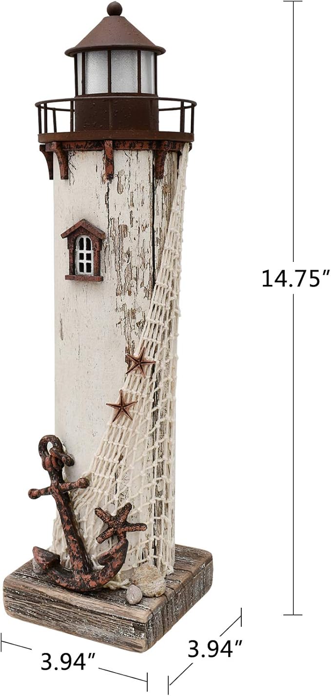 Linfevisi Wood Lighthouse Decor Rustic LED Light House Decor Wooden Decorative Nautical Lighthouse Statue Coastal Beach Themed Lighthouse Handcrafted Tabletop Decoration Home Bathroom (14.75")-Ruum Studio Home