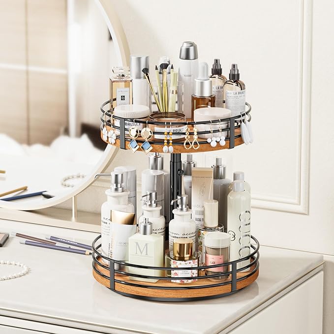 Lazy Susan Turntable Organizer Adjustable - 2 Tier Wood Rotating Spice Rack 12 Inch Lazy Susan for Kitchen Countertop Cabinet Pantry Cupboard Dining Table Bathroom Coffee Bar Home Storage-Ruum Studio Home