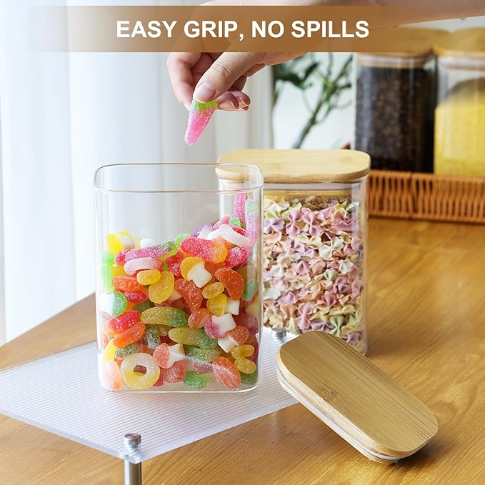 Liuruiyu Glass Storage Jars 12 * 8cm [Set of 6],Clear Glass Food Storage Containers with Airtight Bamboo Lid Stackable Kitchen Canisters for Candy,Cookie,Rice,Sugar,Flour,Pasta(Square)-Ruum Studio Home