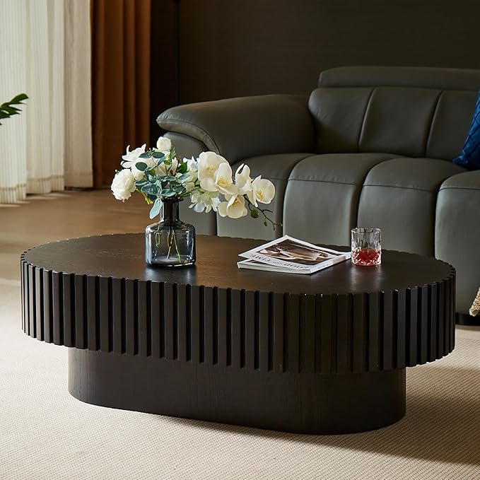 43.7" Oval Coffee Table for Living Room,Modern Handcraft Drum Coffee TableSmall Wooden Coffee Table with Sturdy Pedestal Easy Assembly for Office-Black-Ruum Studio Home