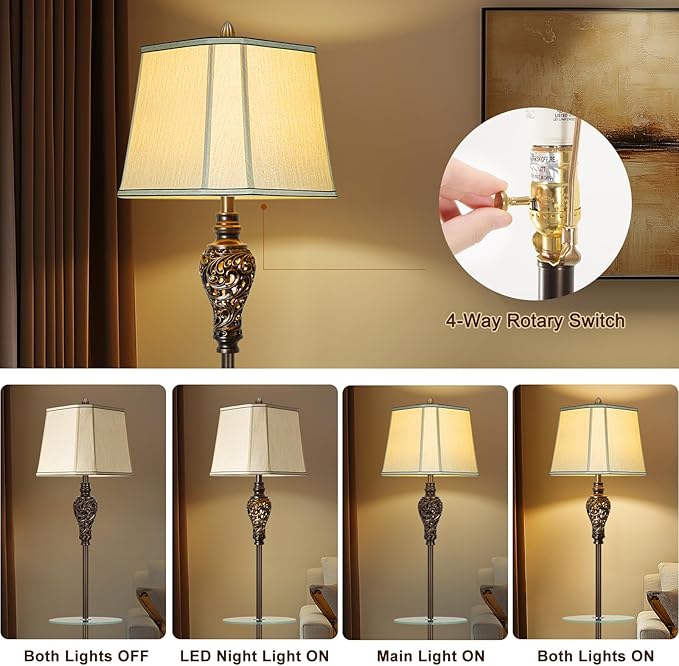 Rustic Floor Lamp for Living Room with Nightlight and Glass Tray, Vintage Standing Lamp with Beige Faux Silk Shade, Farmhouse Tall Lamp for Bedroom Study Home Office Hotel Bar - Brown (Bulb Included)-Ruum Studio Home