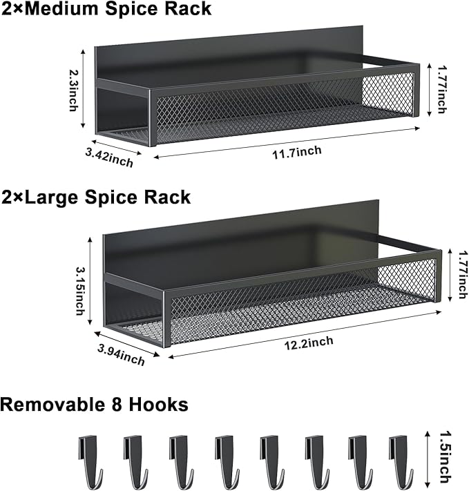 Magnetic Spice Rack for Refrigerator, 4 Pack Magnetic Shelf, Fridge Magnet Organizer with Moveable 8 Hooks, Magnetic Fridge Shelf for Kitchen Organization and Storage (4 Pack)-Ruum Studio Home