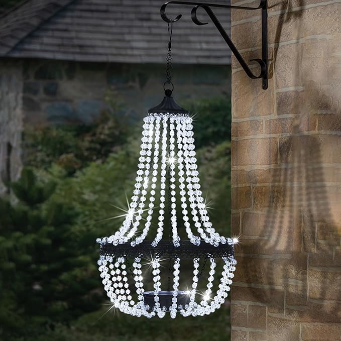 Hanging Solar Chandelier Outdoor, 30 Cool White Lights Acrylic Clear Beaded Chandelier with S Hooks Modern Lantern for Garden Yard Patio Gazebo Decorations, 28”H-Ruum Studio Home