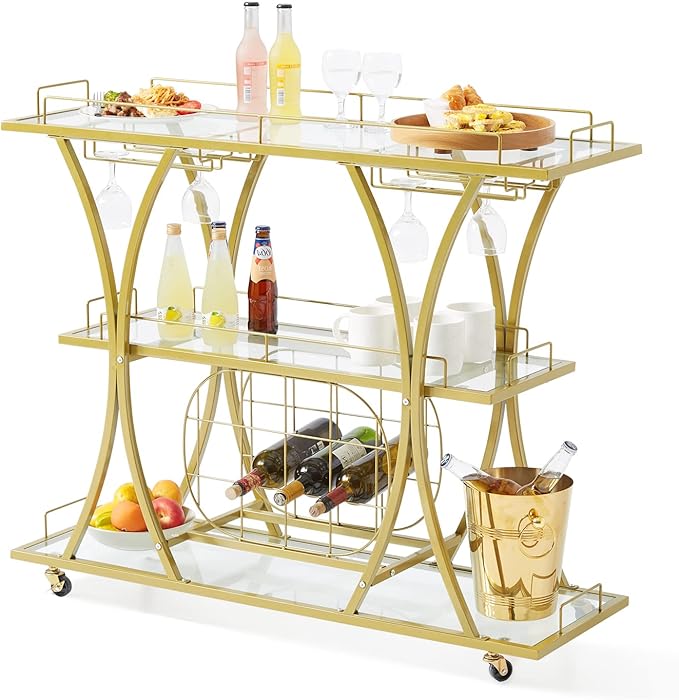 VEVOR Bar Cart Gold, 3 Tiers Home Bar Serving Cart on Lockable Wheels, Rolling Alcohol Cart with Tempered Glass Shelves Guardrail Wine Rack, Modern Wine Cart for Home Kitchen Dining and Living Room-Ruum Studio Home