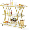 VEVOR Bar Cart Gold, 3 Tiers Home Bar Serving Cart on Lockable Wheels, Rolling Alcohol Cart with Tempered Glass Shelves Guardrail Wine Rack, Modern Wine Cart for Home Kitchen Dining and Living Room-Ruum Studio Home
