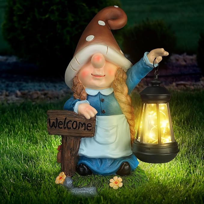 Solar Large Gnome Garden Statue with Welcome Sign Outdoor Decor with LED Lantern Funy for Porch Yard Patio Lawn Ornament Christmas Housewarming Gardening Gift-Ruum Studio Home
