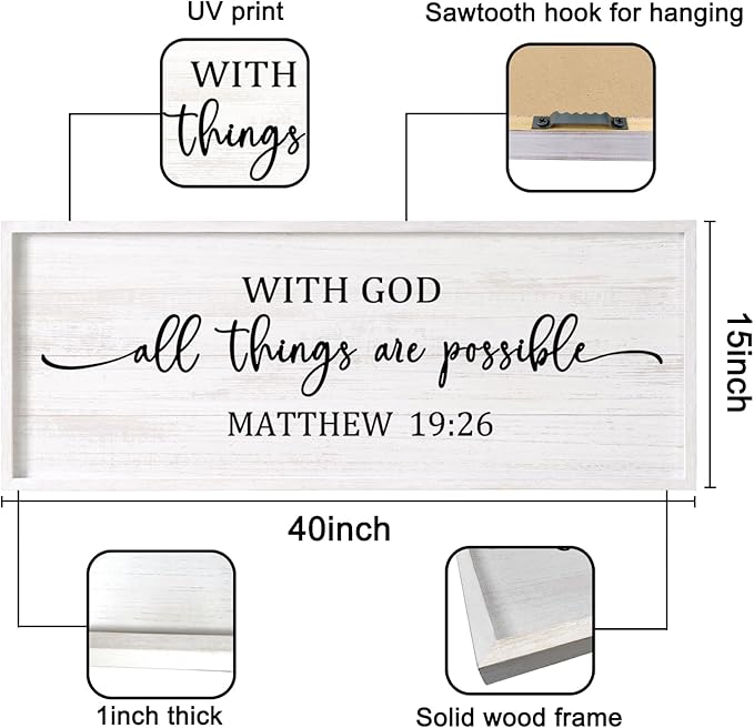 With God All Things are Possible Framed Wall Art, 40''×15'' Vintage Holy Religious Rustic Bible Verse for Christian God Jesus Christ Prayer, Positive Horizontal Inspirational Catholic Scripture Decor-Ruum Studio Home