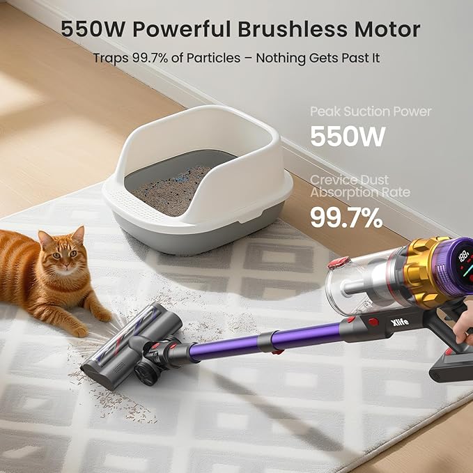 Xlife 550W Cordless Vacuum Cleaner 48KPa Powerful Suction, Long Runtime, Green Light Dust Detection, Adjustable Stick, Tangle-Free Brush for Pet Hair/Carpet/Hardwood Floors-P12-Ruum Studio Home