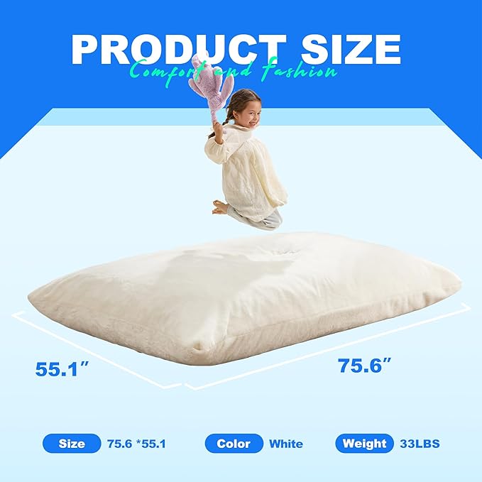 Hobestluk 3 in 1 Bean Bag Chair Giant Bean Bag Chairs for Adults with Plush Faux Fur Cover Convertible Bean Bag Floor Cushion with Machine Washable Cover for Living Room (Plush White)-Ruum Studio Home