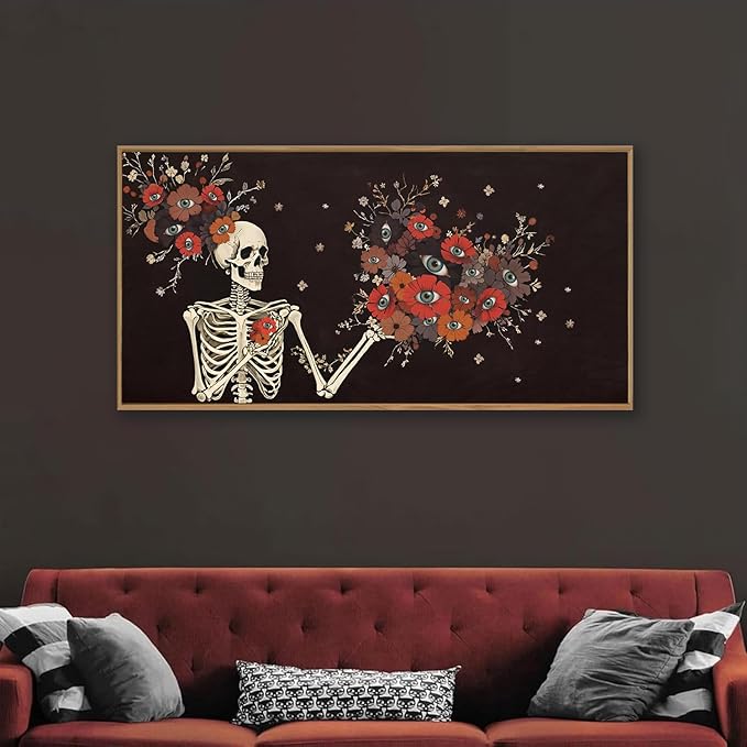 KAIRNE Halloween Skeleton Wall Art,Gothic Skull Canvas Set of 1(40”x20”),Romantic Spooky Floral Botanical Print,Scary Skull Painting,Horror Halloween Wall Art for Living Room Bedroom Goth Party Decor-Ruum Studio Home