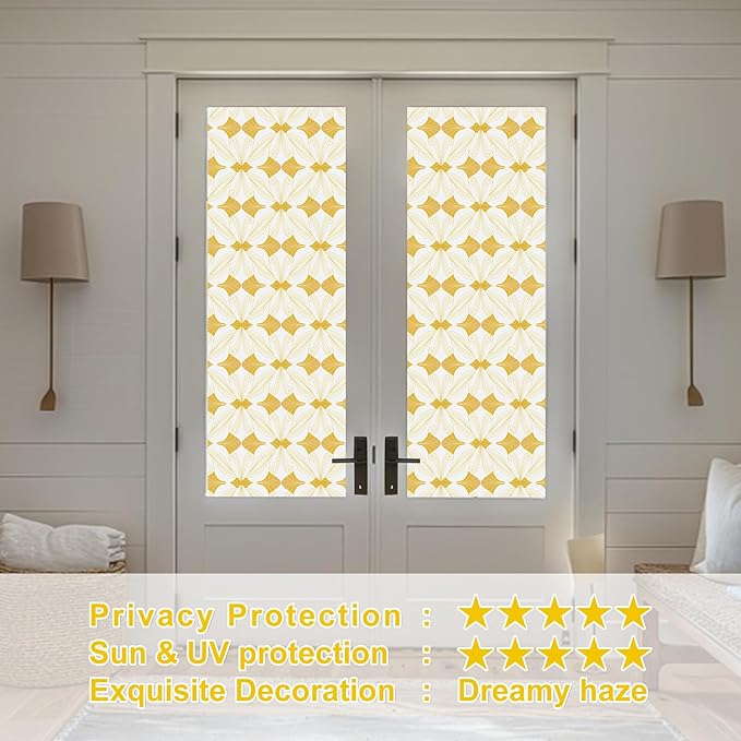 Window Privacy Film Stained Glass Decorative Static Clings Frosted Window Tint for Home Room Decor Bathroom Door Car Stickers with Glittering Effect, Removable(Golden Geometry)-Ruum Studio Home