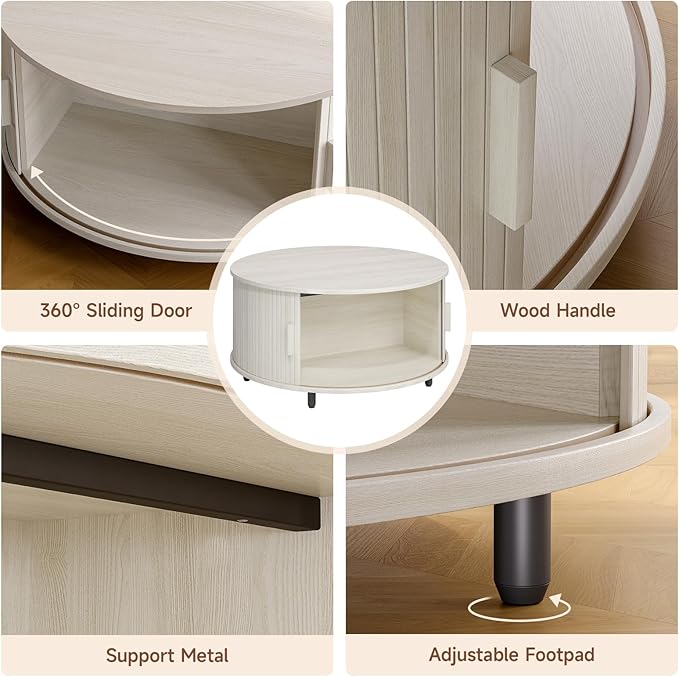 Round Coffee Table with Storage, 31.5" Modern Coffee Table with 360° Curved Sliding Door, Fluted Wood Coffee Table with Adjustable Footpads, Round Center Table for Living Room, Natural White-Ruum Studio Home