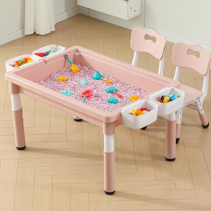 Multi Functional Kids Table and 2 Chairs Set, Graffiti & Building Blocks Double-Sided Tabletop, Toddler Play Table with Drawers, Large Storage Space, Gift for Boys/Girls, Pink-Ruum Studio Home