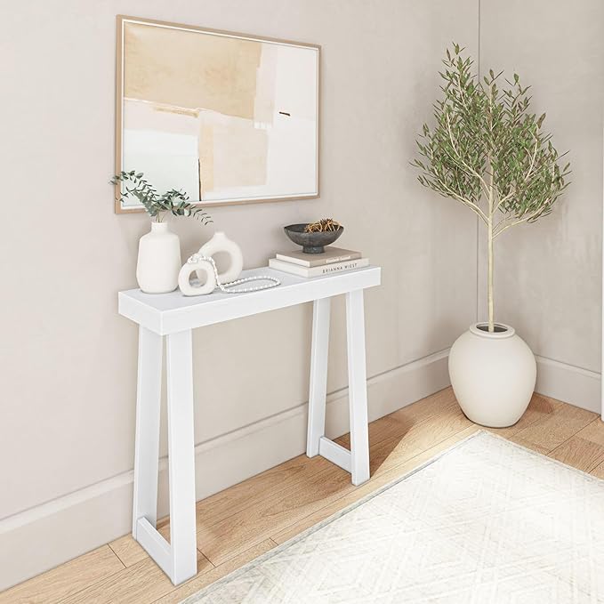 Plank+Beam Solid Wood Console Table, 36 Inch, Sofa Table, Narrow Entryway Table for Hallway, Behind The Couch, Living Room, Foyer, Easy Assembly, White-Ruum Studio Home