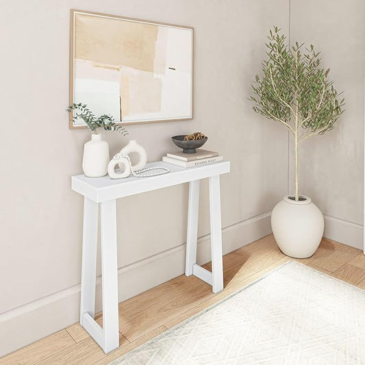 Plank+Beam Solid Wood Console Table, 36 Inch, Sofa Table, Narrow Entryway Table for Hallway, Behind The Couch, Living Room, Foyer, Easy Assembly, White-Ruum Studio Home