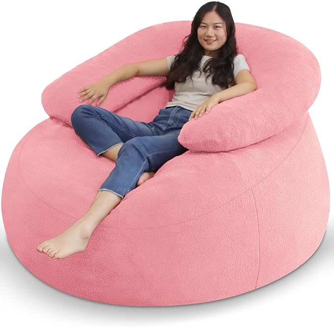 HABUTWAY Bean Bag Chair with U-Shaped Pillow for Adult and Kids Big BeanBag Chair with Filling Ultra Soft Teddy Fleece Couch Chair with Washable Cover for Living Room Bedroom, Light Pink & Light Pink-Ruum Studio Home