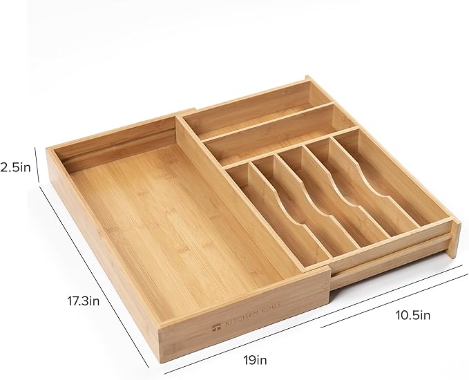 Premium Silverware, Flatware and Utensil Organizer for Kitchen Drawers, Food-Safe Contract Grade, Expandable from 10.5 to 19 In, Natural Bamboo-Ruum Studio Home