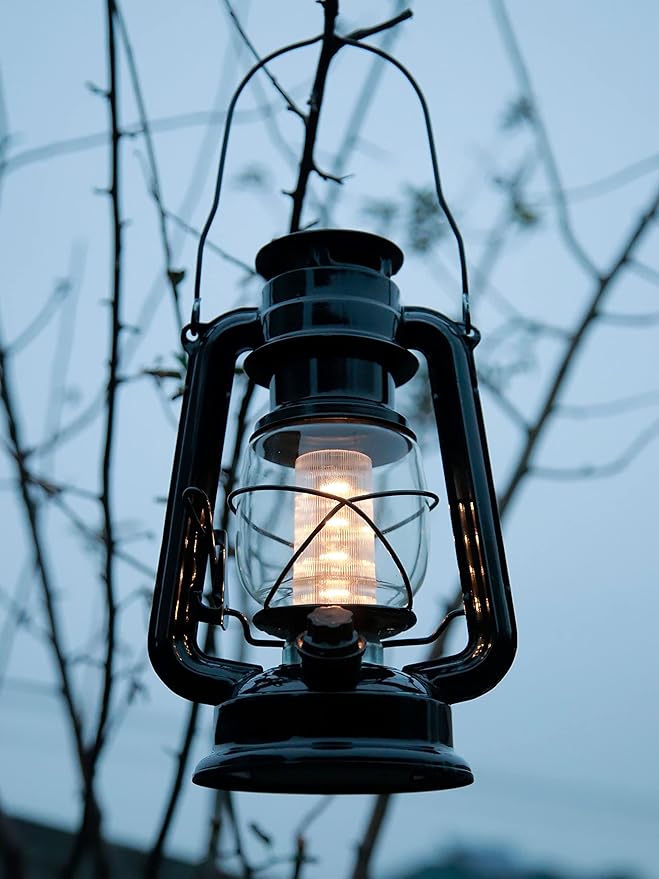 YAKii LED Vintage Lantern Metal Hanging Hurricane 12 LED Dimmer Switch Warm White Battery Operated Power Outage Indoor Camping Lighting Outdoor Brooklyn Decoration(Black)-Ruum Studio Home