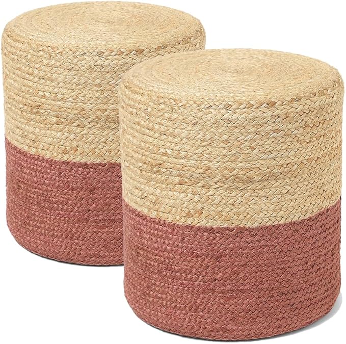 REDEARTH · Cylindrical Pouf Foot Stool Ottoman - Jute Braided Pouffe Poof Accent Sitting Footrest for Living Room, Bedroom, Nursery, Patio, Lounge Set of 2 (Natural Rust, 14.5"x14.5"x16")-Ruum Studio Home