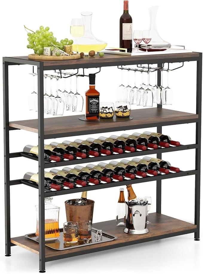 GOFLAME Industrial Wine Rack Table, Wine Bar Cabinet with 2-Tier Wine Rack, 4 Row Glass Holder and Storage Shelves, Freestanding Floor Liquor Storage Stand for Kitchen, Dining Room, Rustic Brown-Ruum Studio Home