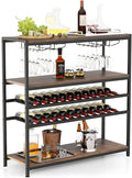 GOFLAME Industrial Wine Rack Table, Wine Bar Cabinet with 2-Tier Wine Rack, 4 Row Glass Holder and Storage Shelves, Freestanding Floor Liquor Storage Stand for Kitchen, Dining Room, Rustic Brown-Ruum Studio Home