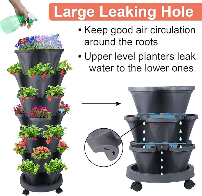 Vertical Planter, 7 Tier Stackable Strawberry Planter with Garden Tool Set, Movable Indoor/Outdoor Garden Herb Pot for Growing Vegetables and Succulents, Dark Gray-Ruum Studio Home