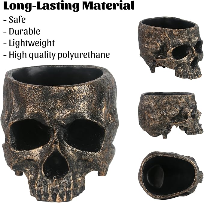 GameXcel Halloween Skull Candy Dish - Large Skull Candy Bowl for Trick or Treat - Skeleton Head Treat Container Planter or Desktop Halloween Decor - Bronze Resin-Ruum Studio Home