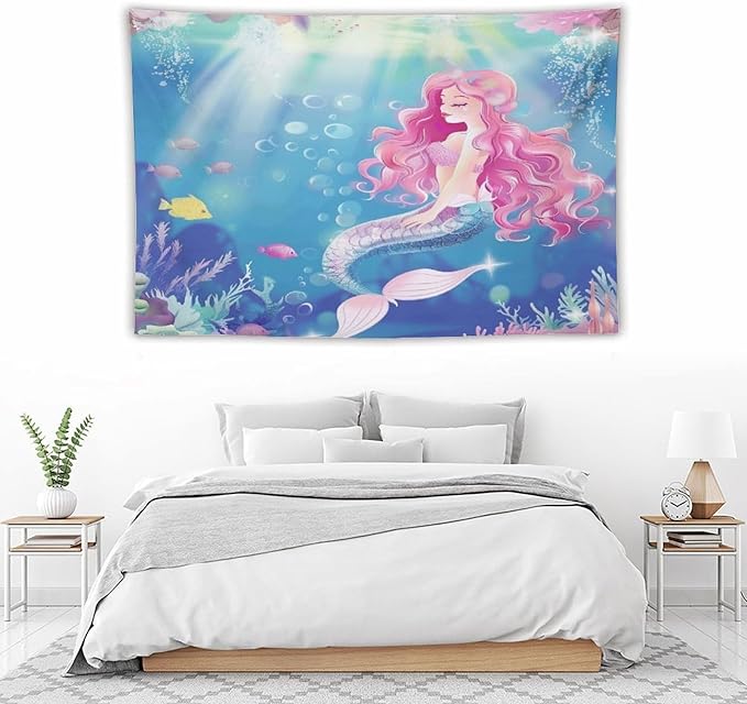 HZOHNAGO Mermaid Girls Tapestry Watercolor Mermaid Princess Pink Hair Pattern for Kids Room Decoration Printed Wall Tapestry Wall Hanging for Bedroom Living Room Dorm 60" W x 40" H-Ruum Studio Home