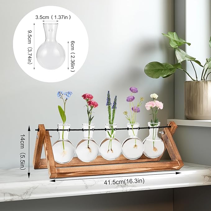 Retro Wood Stand Plant Terrarium with 5 Air Planter Bulb Glass Vases, Perfect for Home, Office, or Wedding Decor. Great Desktop Propagation Station and Plant Lover Gift for Women (5 Bulb Vase)-Ruum Studio Home