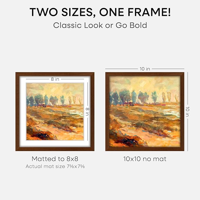 Homeforia 10x10 Picture Frame Brown, High-End Dark Oak 10 x 10 Square Brown Wood Frames with Mat 8 by 8 Photo, 10by10 Wooden Walnut Poster Frame Matted to 8x8 Print, Tempered Glass, Wall Kit, Set of 1-Ruum Studio Home